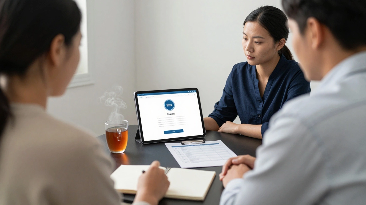 Client and professional reviewing Slixa badge verification on a tablet during a calm consultation.