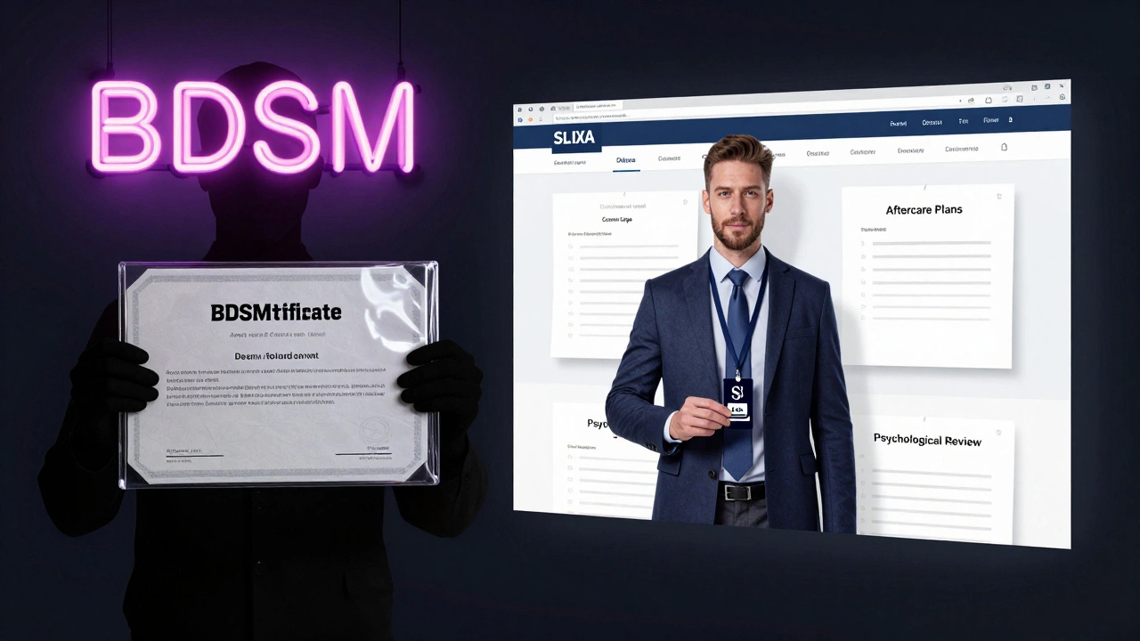 Contrasting images: cheap fake certification vs. verified Slixa badge on a professional website.